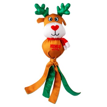 Plush reindeer dog toy with green antlers, red scarf, and "KONG WUBBA" text on orange body against white background.