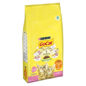 Yellow bag of Purina GoCat Junior cat food, 2kg, featuring two kittens on the front, with "5 Promises" and "No artificial colours" text.