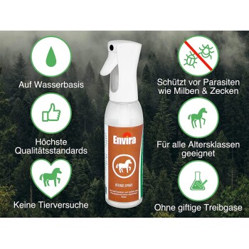 Sprühflasche mit der Aufschrift 'Envira Pferdespray' für Pferde, mit Symbolen und Text über wasserbasierte Formeln, Qualitätsstandards und Sicherheit.