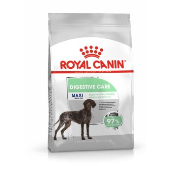 Sac de nourriture pour chien Royal Canin Digestive Care avec une silhouette de chien brun et le texte : "Améliore la qualité des selles" et "97% de qualité optimale des selles."