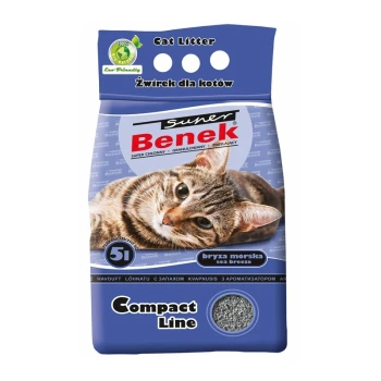 Super Meeresduft 5 l Katzenstreu-Packung mit einer getigerten Katze, beschriftet mit "super Benek", mit den Texten "Compact Line" und "bryza morska sea breeze".