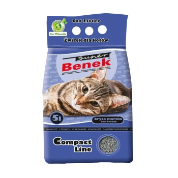 Katzenstreu-Packung mit einer getigerten Katze, beschriftet mit "super Benek", mit den Texten "Compact Line" und "bryza morska sea breeze".