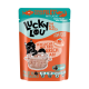 Beutel mit Lucky Lou Thunfischfilet mit Lachs, mit einer verspielten Grafik einer schwarzen Katze, Text auf Deutsch und Aussagen wie "Protein Power" und "Leckere Brühe."