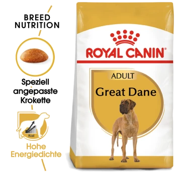 Royal Canin Adult Great Dane Hundefutterbeutel mit einer Silhouette eines Deutschen Doggen und dem Text: "Spezial angepasste Kroketten" und "Hohe Energiedichte."