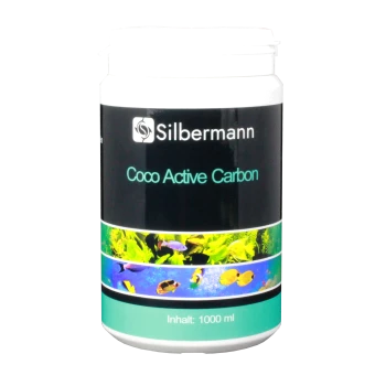 Behälter mit Coco Aktivkohle von Silbermann, 1000 ml, mit aquatischen Grafiken von Fischen und Pflanzen auf dem Etikett.
