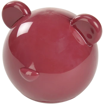 A glossy, round, maroon pet toy shaped like a bear's head, featuring small ears and a snout, designed for playful pets.