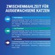 Przekąska dla dorosłych kotów, z dorszem, tuńczykiem i flądra; składniki i wartości odżywcze wymienione.