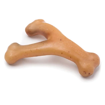 A rubber dog chew toy shaped like a bone, featuring a textured surface and a light brown color with speckles.