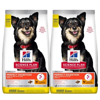 Zwei Taschen Hill's Science Plan Hundefutter mit einem lächelnden schwarz-braunen Hund auf der Vorderseite, beschriftet mit "Perfekte Verdauung" für kleine Rassen.