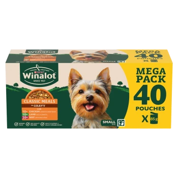 Winalot Mega Pack box of 40 dog pouches, Classic Meals in Gravy (10x chicken, 10x lamb, 20x beef), small dog, 85g.