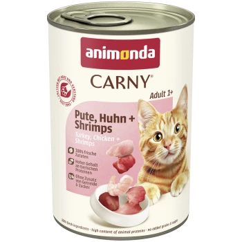Dose Animonda CARNY Katzenfutter 'Pute, Huhn + Shrimps' (Turkey, Chicken + Shrimps), Adult 1+, mit abgebildeter oranger Katze.