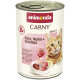 Dose Animonda CARNY Katzenfutter 'Pute, Huhn + Shrimps' (Turkey, Chicken + Shrimps), Adult 1+, mit abgebildeter oranger Katze.