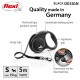 Black flexi dog leash with ergonomic grip, sturdy tape, and braking system; features include 5m length for dogs up to 15kg.