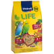 Eine gelbe Vitakraft LIFE Vogelfuttertasche mit blauen und grünen Wellensittichen, mit der Aufschrift "Berry Selection" und Symbolen für Gesundheitsvorteile.
