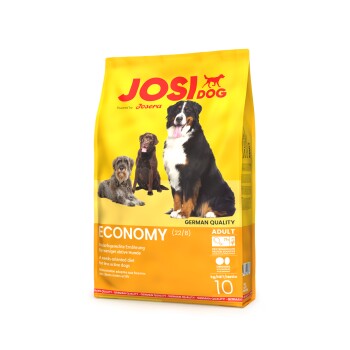 Gelbe Tüte JosiDog Economy Adult Hundefutter mit Bildern von drei Hunden und Text in mehreren Sprachen.