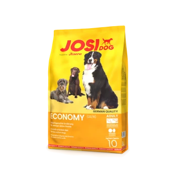Gelbe Tüte JosiDog Economy Adult Hundefutter mit Bildern von drei Hunden und Text in mehreren Sprachen.