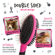 Beidseitige rosa Haustierbürste mit Metallstiften und weichen Borsten, zeigt die Fellpflege bei Hund und Katze, mit hervorgehobenem Text.