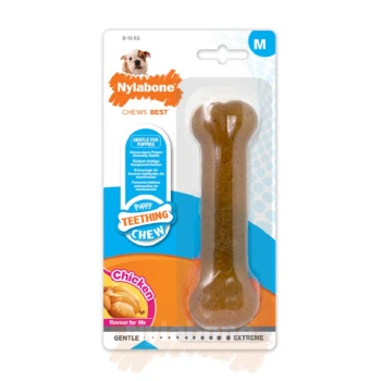 Nylabone Puppy Teething Chew in chicken flavor, designed for gentle chewing, suitable for puppies 0-16 kg, with a bone shape.