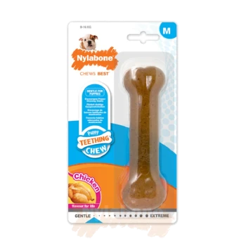 Nylabone Puppy Teething Chew in chicken flavor, designed for gentle chewing, suitable for puppies 0-16 kg, with a bone shape.