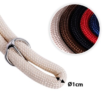 Nahaufnahme einer beigen Haustierleine mit einem silbernen Clip, 1 cm dick, und einem kreisförmigen Ausschnitt, der Farboptionen zeigt: braun, schwarz, rot, blau.