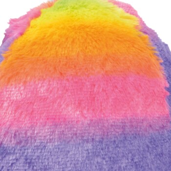 Eine bunte, plüschige Haustierdecke mit einem Farbverlauf aus lebhaften Farben: Gelb, Orange, Pink und Lila.