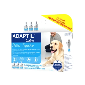ADAPTIL Calm Economy Pack met drie navullingen van 30 dagen voor het kalmeren van honden in stressvolle situaties, met een hond en een persoon.