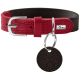 Rote Leder-Hundehalsband mit einer silbernen Schnalle und einem schwarzen Etikett mit einem Hundesilhouette, gebrandet mit "HUNTER."