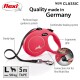 A pink flexi retractable dog leash with ergonomic grip, sturdy tape, and a connection slot for flexi Multi Box, labeled "Quality made in Germany."