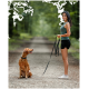 Eine Frau in einem grünen Tanktop und schwarzen Shorts steht auf einem Kiesweg und hält eine Leine, die an einem sitzenden braunen Hund befestigt ist.
