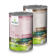Zwei BALDUIN Hundefutterdosen: pink mit der Aufschrift "PUTENFLEISCH" (Truthahn) und braun "LAMMFLEISCH" (Lamm), beide getreidefrei und komplett.