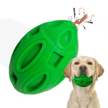 Helles grünes Hundespielzeug in Eiform, mit Löchern für Leckerlis, mit verspielten Geräuschen, die durch den Text "ZOOM!!!" angezeigt werden.