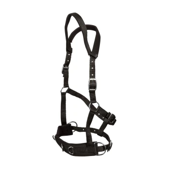 Schwarzes Haustiergeschirr mit verstellbaren Riemen und Metallringen zur Leinenbefestigung, vor einem weißen Hintergrund präsentiert.