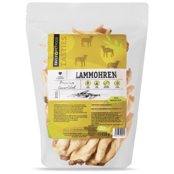 Lammohren 450 g Transparente Tüte mit "LAMMOHREN" Haustierleckerlis (450g) mit gelbem Hintergrund, Kuhbildern und grünem Blatt; 100% natürlich.