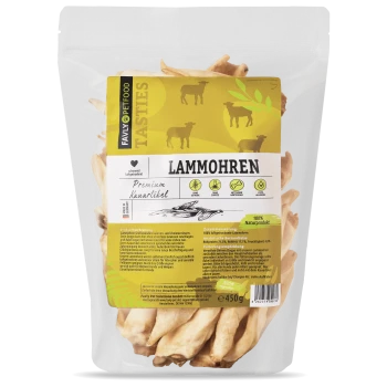 Transparente Tüte mit "LAMMOHREN" Haustierleckerlis (450g) mit gelbem Hintergrund, Kuhbildern und grünem Blatt; 100% natürlich.