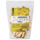 Transparente Tüte mit "LAMMOHREN" Haustierleckerlis (450g) mit gelbem Hintergrund, Kuhbildern und grünem Blatt; 100% natürlich.