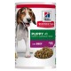 Dosenhundefutter mit der Aufschrift "Hill's Science Plan" für Welpen unter 1 Jahr, mit Rindfleisch als Hauptzutat.