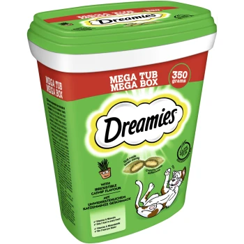 Tub de friandises pour chats Dreamies, 350 grammes, présentant un chat joueur et un texte mettant en avant la saveur irrésistible de l'herbe à chat et les bienfaits nutritionnels.