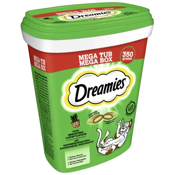 Tub de friandises pour chats Dreamies, 350 grammes, présentant un chat joueur et un texte mettant en avant la saveur irrésistible de l'herbe à chat et les bienfaits nutritionnels.