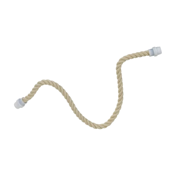 Een gedraaide beige touwspeeltje voor huisdieren, met witte plastic uiteinden, weergegeven tegen een witte achtergrond.