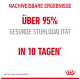 Bild, das die Vorteile von Haustierfutter bewirbt, mit dem Text 'Über 95% gesunde Stuhlqualität in 10 Tagen' und dem Royal Canin-Logo.