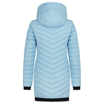 Helle blaue Daunenjacke mit Kapuze, mit einem Zickzackmuster und schwarzen Bündchen, von hinten präsentiert.