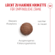 Runde braune Kroketten mit der Aufschrift „leicht zu kauende Kroketten für empfindliche Zähne“ und Vorteilen in deutscher Sprache.