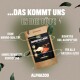 "Alphazoo Marine Kollagen" Haustierergänzungsmittelverpackung mit Lachsillustration, die marine Qualität und umweltfreundliches bioaktives Kollagen betont.