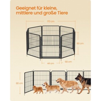 Schwarzes Metall-Auslaufgitter mit 8 Paneelen, 170 × 80 cm, mit Hunden; deutscher Text ‚Geeignet für kleine, mittlere und große Tiere‘