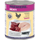 PREMIERE MEATI-Dose mit der Aufschrift "with Chicken" und "SENIOR", zeigt rohe Hühnchenstücke und ein Fleischbeil mit der Aufschrift "for meat lovers".