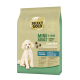 Sac de nourriture pour chiens Gold Mini Adult Sensitive avec un caniche, affichant 'Mit Lachs & Kartoffel' et des bienfaits nutritionnels.