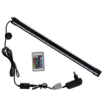 LED-Aquarium-Lichtleiste mit Fernbedienung, Netzadapter und einstellbaren Helligkeitseinstellungen.