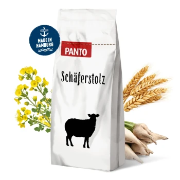 Weiße Tierfuttertüte mit versiegeltem oberen Teil und einem runden Etikett an der Seite, mit einem schlichten Design und ohne sichtbaren Text.