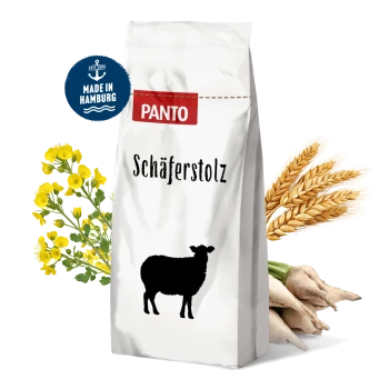 Weiße Tierfuttertüte mit versiegeltem oberen Teil und einem runden Etikett an der Seite, mit einem schlichten Design und ohne sichtbaren Text.