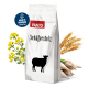 Weiße Tierfuttertüte mit versiegeltem oberen Teil und einem runden Etikett an der Seite, mit einem schlichten Design und ohne sichtbaren Text.